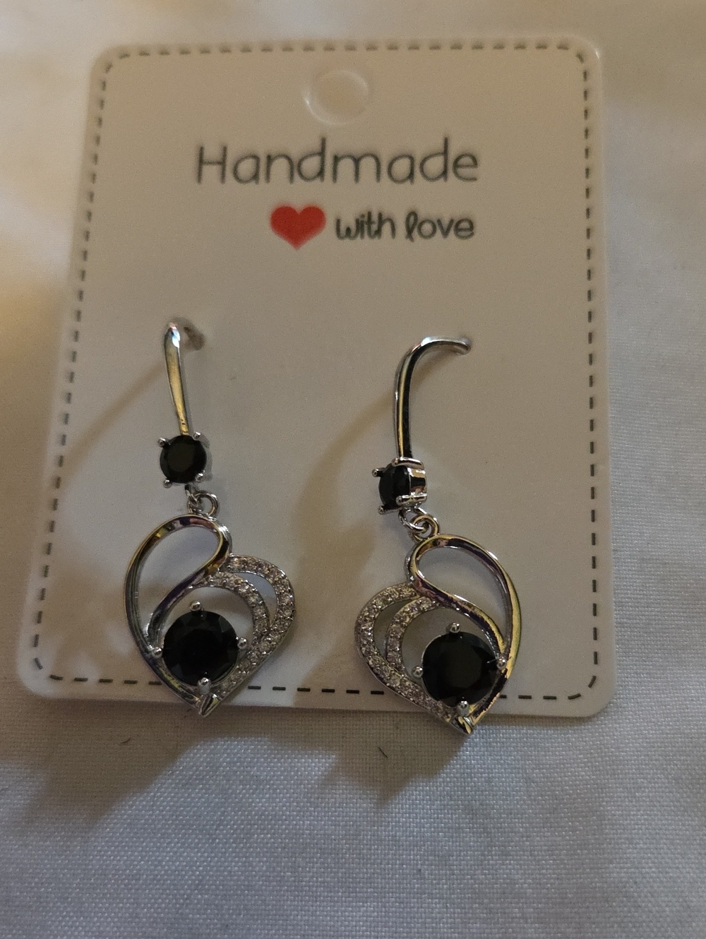 Handmade Silver Heart Drop Earrings with Black Stones